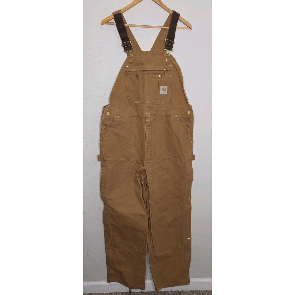 Carhartt R37 BRN Canvas Double Knee Bib Overalls Mens Size 40x30 Work Outdoors